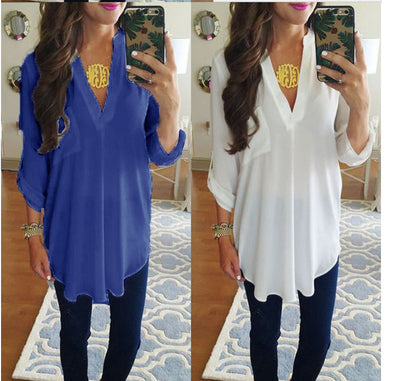 V-neck Long-sleeved Shirt Plus Size Loose T-shirt For Women