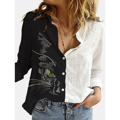 Lapel Loose Long Sleeved Cardigan Shirt Contrast Print Shirt