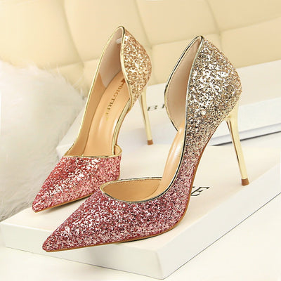 Gradient color block sequined high heels