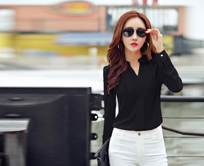 autumn new women's shirt white shirt V-neck slim long-sleeved chiffon shirt