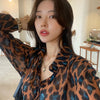 Net Rot Polo Leopard Print Chiffon langarm Temperament Shirt