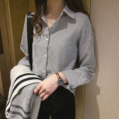 Frühling frauen Koreanische Stil Neue Casual Schüler Shirt Bodenbildung Shirt Mode Lose Lange Ärmeln Vertikale Gestreiften Hemd