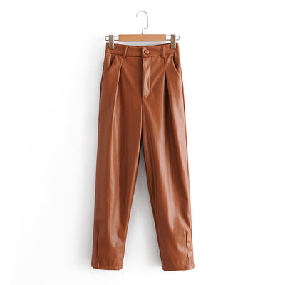 Pure Color PU Leather Pants Women Casual Trousers