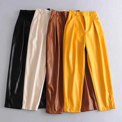 Pure Color PU Leather Pants Women Casual Trousers