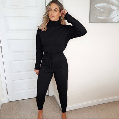 New Fashion High-waist All-match High-neck Sports Casual Pants Suit Simple Style Cropped Sweater Suit Women