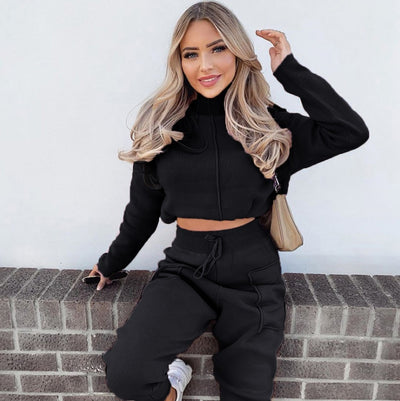 New Fashion High-waist All-match High-neck Sports Casual Pants Suit Simple Style Cropped Sweater Suit Women