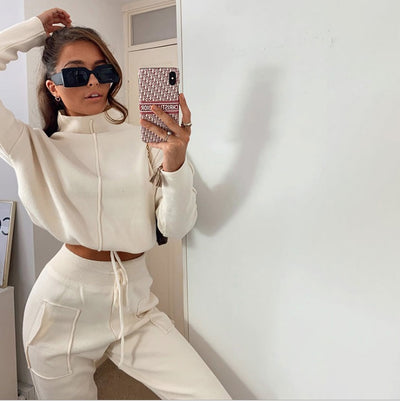 New Fashion High-waist All-match High-neck Sports Casual Pants Suit Simple Style Cropped Sweater Suit Women