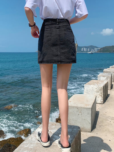 Small Black Denim Skirt Female Slim Short Skirt A-Line Ins High Waist Skirt Wrapped Hip Skirt