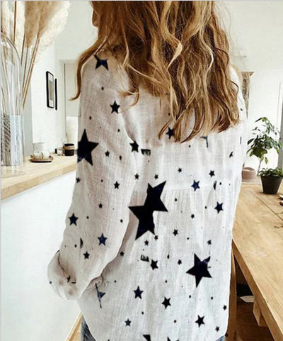 Polka Dot Print Casual Long Sleeved Linen Shirt For Women