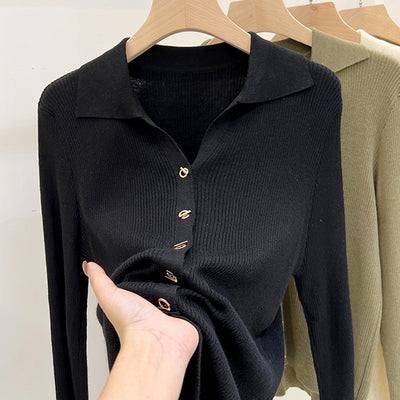 Polo Collar Bottoming Shirt Women's Cardigan Sweater