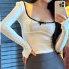 Bow Cut Out Contrasting Color Long Sleeved T-shirt Top For Women