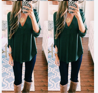 V-neck Long-sleeved Shirt Plus Size Loose T-shirt For Women