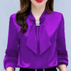 Satin V-Neck Business Temperament Shirt Long Sleeve Bow Solid Color Bow Diamond Top