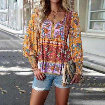 Autumn Bohemian Casual Style Rayon Long-sleeved Shirt For Women