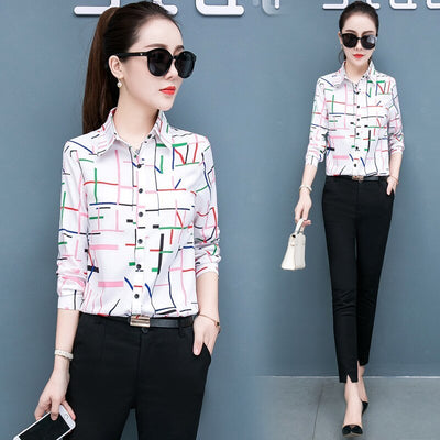 Printed shirt women long-sleeved chiffon shirt top women