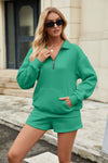 Lässiges Sweatshirt-Anzüge mit Reiß verschluss Langarm-Top mit Tasche und elastischen Shorts Mode lose Sportset Outfits für Damen bekleidung