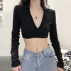 Women's New Solid Color Sexy Slim V-neck Long-sleeved Navel-bearing T-shirt For Women