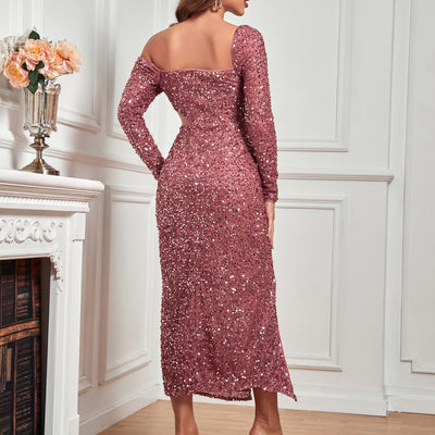 Woman Square-neck Slim-fit Sequined Evening Gown Dress