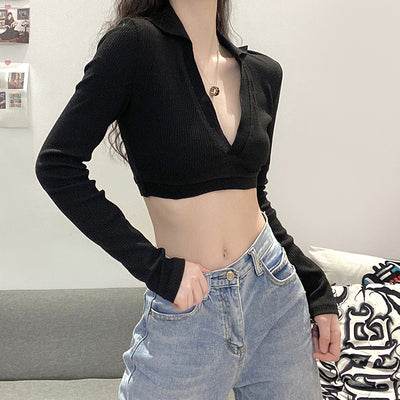 Women's New Solid Color Sexy Slim V-neck Long-sleeved Navel-bearing T-shirt For Women