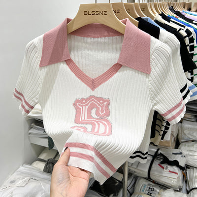 Women's Polo Collar Striped Short Sleeve Knitted Sweater