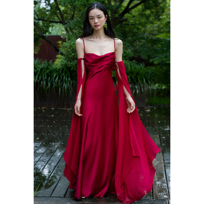 Luxury Senior Sense Acetate Satin Wine Red Bride Wedding Photo Gown Woman