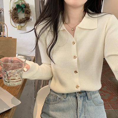 Polo Collar Bottoming Shirt Women's Cardigan Sweater