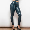 Shascull fites Melody Regelmäßige blaue hohe Taille Leder Leggings Kunstleder Hosen Frauen Kleidung dünne Leggings