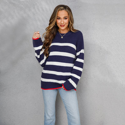 Herbst Und Winter Nähte Gestreiften Großen Größe Pullover Pullover Rundhals Pullover Für Frauen