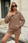 Lässiges Sweatshirt-Anzüge mit Reiß verschluss Langarm-Top mit Tasche und elastischen Shorts Mode lose Sportset Outfits für Damen bekleidung