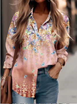 Fashion Shirt Printing Lapel Long Sleeve Women