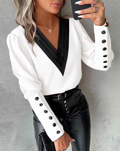 Mode V-Ausschnitt Langarm Bluse mit Knopf Design Pendler Freizeit Solid Shirt Top Damen bekleidung