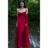 Luxury Senior Sense Acetate Satin Wine Red Bride Wedding Photo Gown Woman