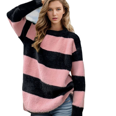 Mink Fur Contrast Color Knitted Sweater Women