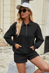 Lässiges Sweatshirt-Anzüge mit Reiß verschluss Langarm-Top mit Tasche und elastischen Shorts Mode lose Sportset Outfits für Damen bekleidung