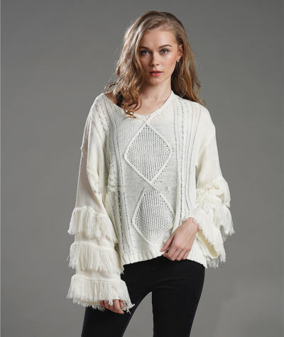 Pullover Loose Sweater Women Tassel Pure Color