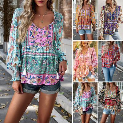 Autumn Bohemian Casual Style Rayon Long-sleeved Shirt For Women