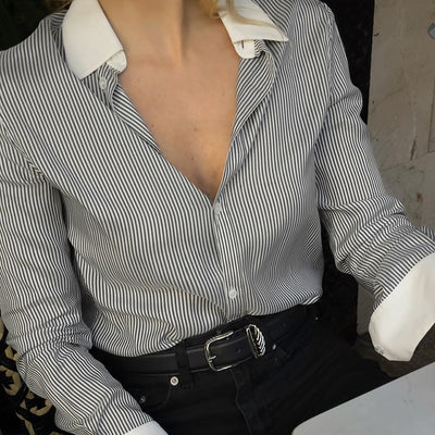 Women's Striped Lapel Shirt Blouse For Commuting