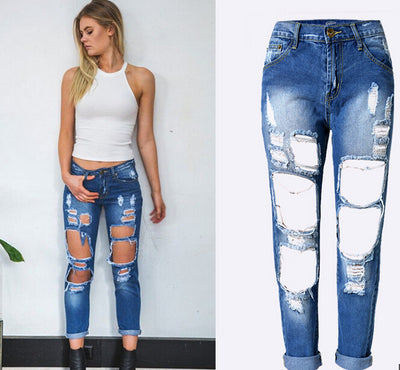 Zerrissene Jeans Hohe Taille Frauen Ripped Loch Knie Dünne Hosen