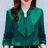 Satin V-Neck Business Temperament Shirt Long Sleeve Bow Solid Color Bow Diamond Top