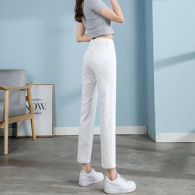 Weiße Jeans im koreanischen Stil mit hoher Taille Stretch-Zigaretten hose klein geschnittene gerade Hosen