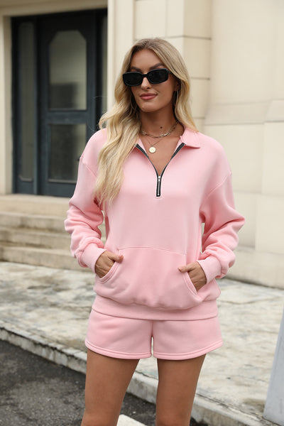 Lässiges Sweatshirt-Anzüge mit Reiß verschluss Langarm-Top mit Tasche und elastischen Shorts Mode lose Sportset Outfits für Damen bekleidung