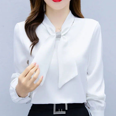 Satin V-Neck Business Temperament Shirt Long Sleeve Bow Solid Color Bow Diamond Top