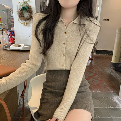 Polo Collar Bottoming Shirt Women's Cardigan Sweater