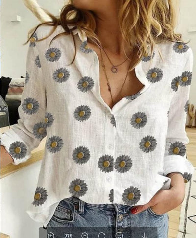 Polka Dot Print Casual Long Sleeved Linen Shirt For Women