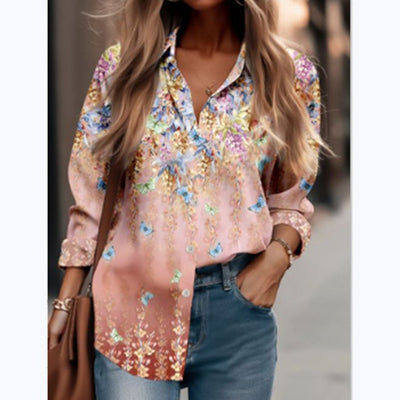 Fashion Shirt Printing Lapel Long Sleeve Women