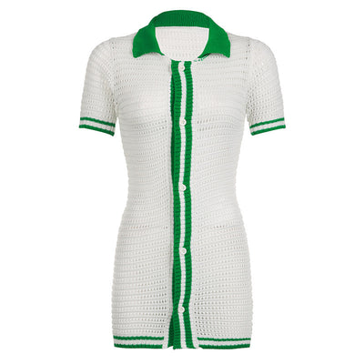 New Polo Collar Contrast Color Single-breasted Short Sleeve Shirt Dress